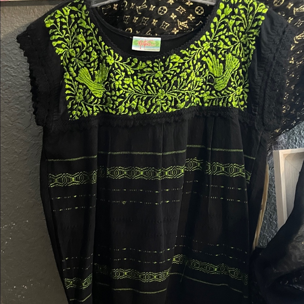 Black and Green Embroidered Women's Top